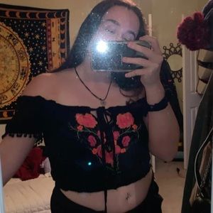 Black top with flower embroidery